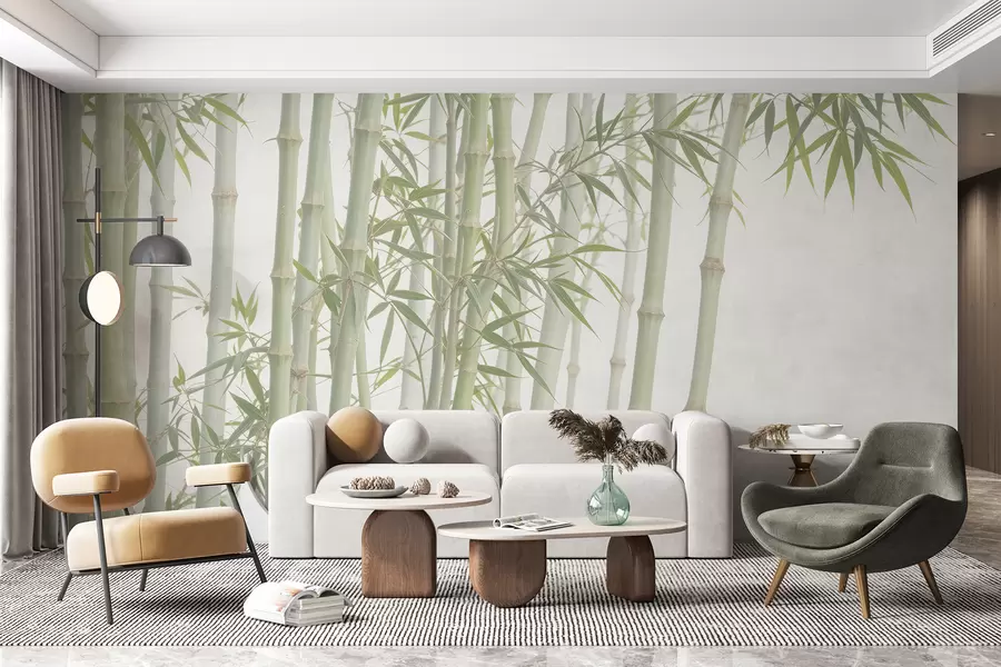 Fototapeta Gęsty las bambusowy z wysokimi łodygami bambusa i zielonymi liśćmi na miękkim, mglistym tle w08237