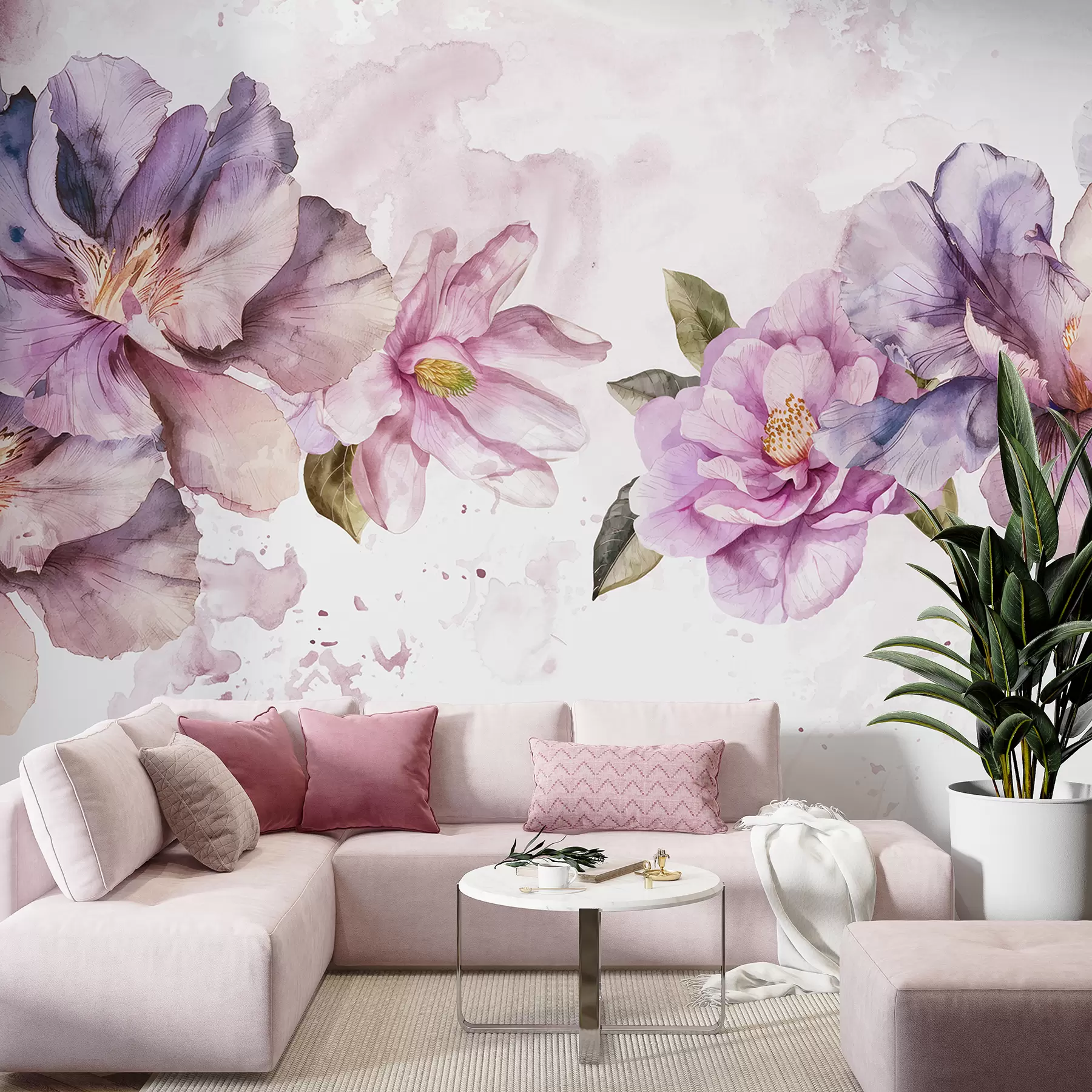 Fototapeta Delikatne różowe i fioletowe kwiaty akwarelowe z miękkimi płatkami i zielonymi liśćmi na jasnym tle w08238