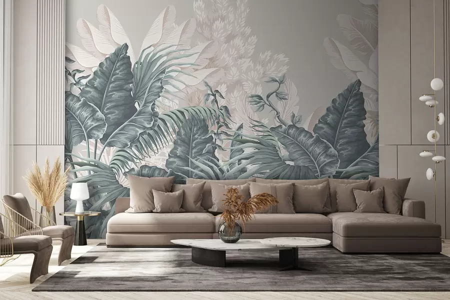 Fototapeta Scena tropikalnej dżungli z dużymi zielonymi liśćmi i kwiatami na pierwszym planie, tworząca bujną atmosferę w08242