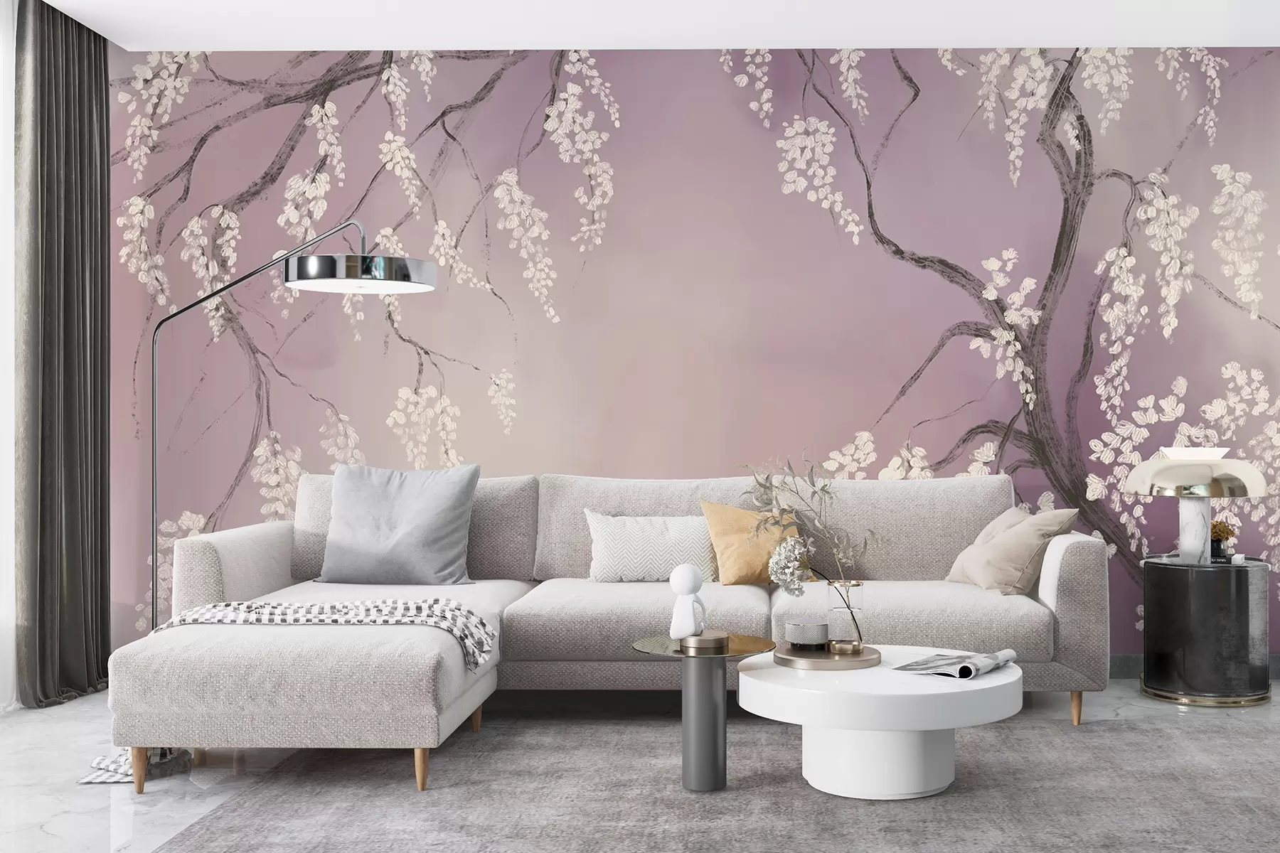 Fototapeta Delikatne białe drzewo wiśniowe z kwiatami kwitnącymi na gałęziach na różowym tle w08243v2