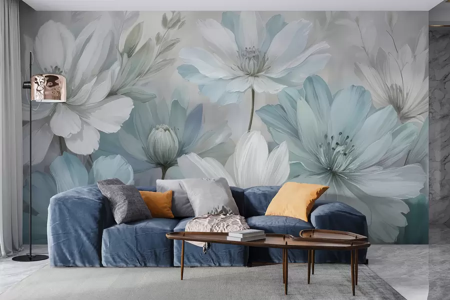 Fototapeta Zbliżenie białych i jasnoniebieskich kwiatów przypominających stokrotki, tworzących dzieło sztuki na miękkim, rozmytym tle w08247