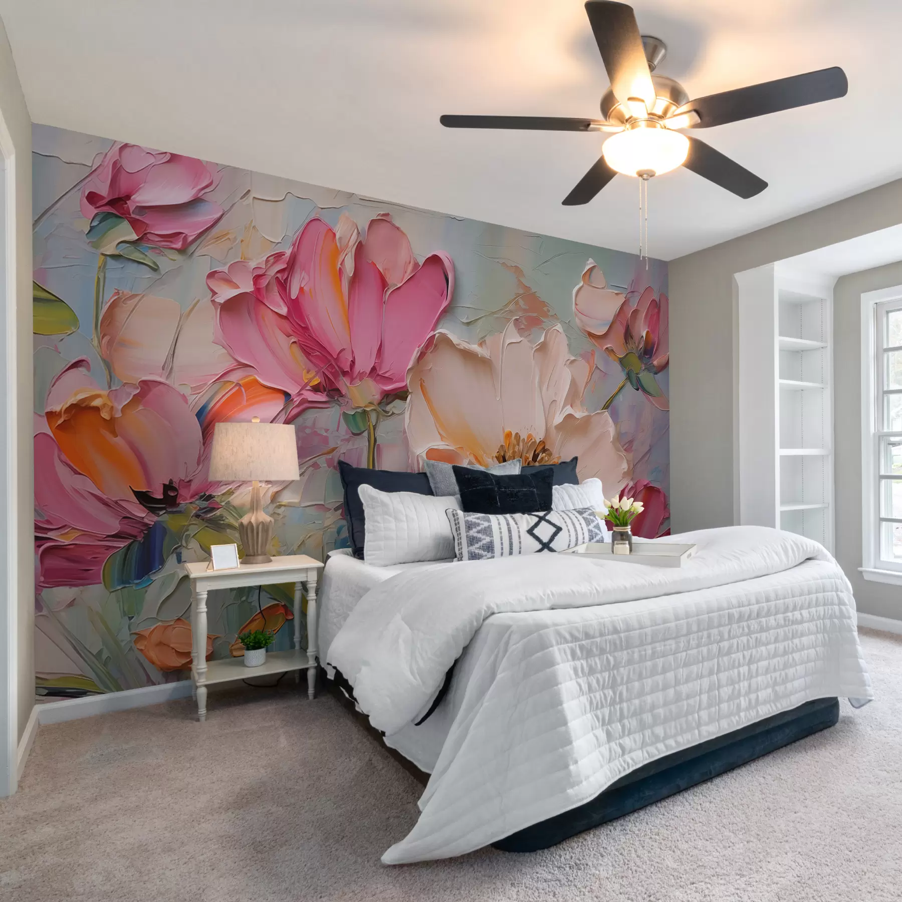 Fototapeta Jaskrawo różowe kwiaty na jasnoniebiesko-szarym tle w01039