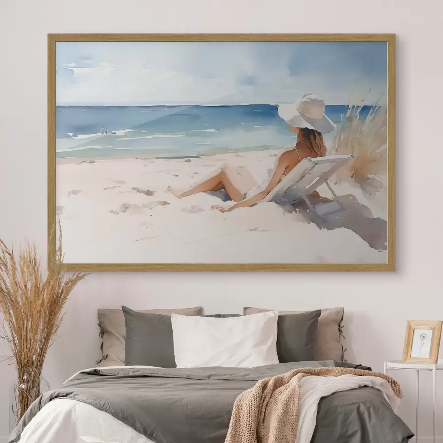 Fototapeta Dziewczyna relaksująca się na plaży nad morzem akwarela f40679