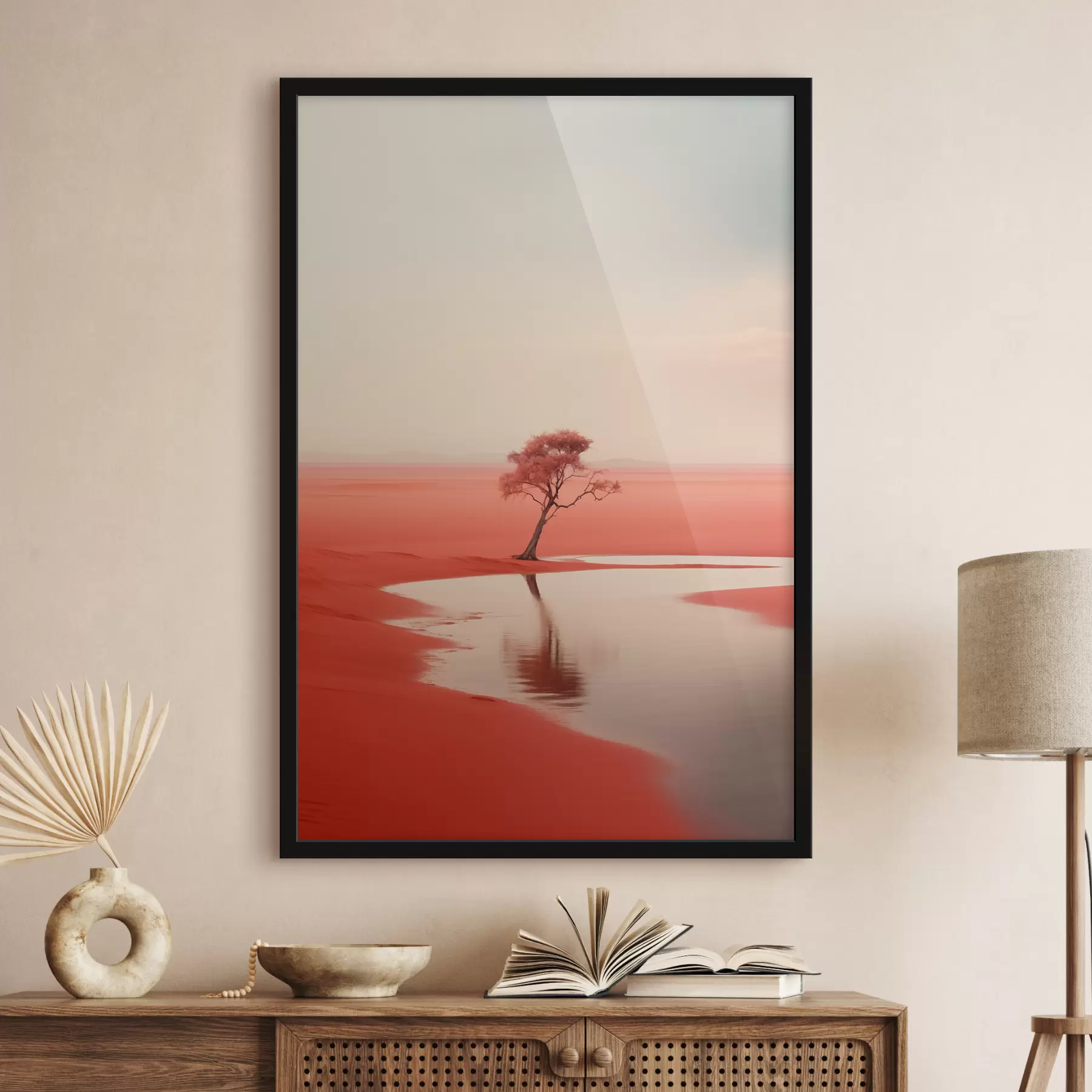 Fototapeta Minimalistyczny krajobraz drzewa nad rzeką, czerwony, szary kolor f40722