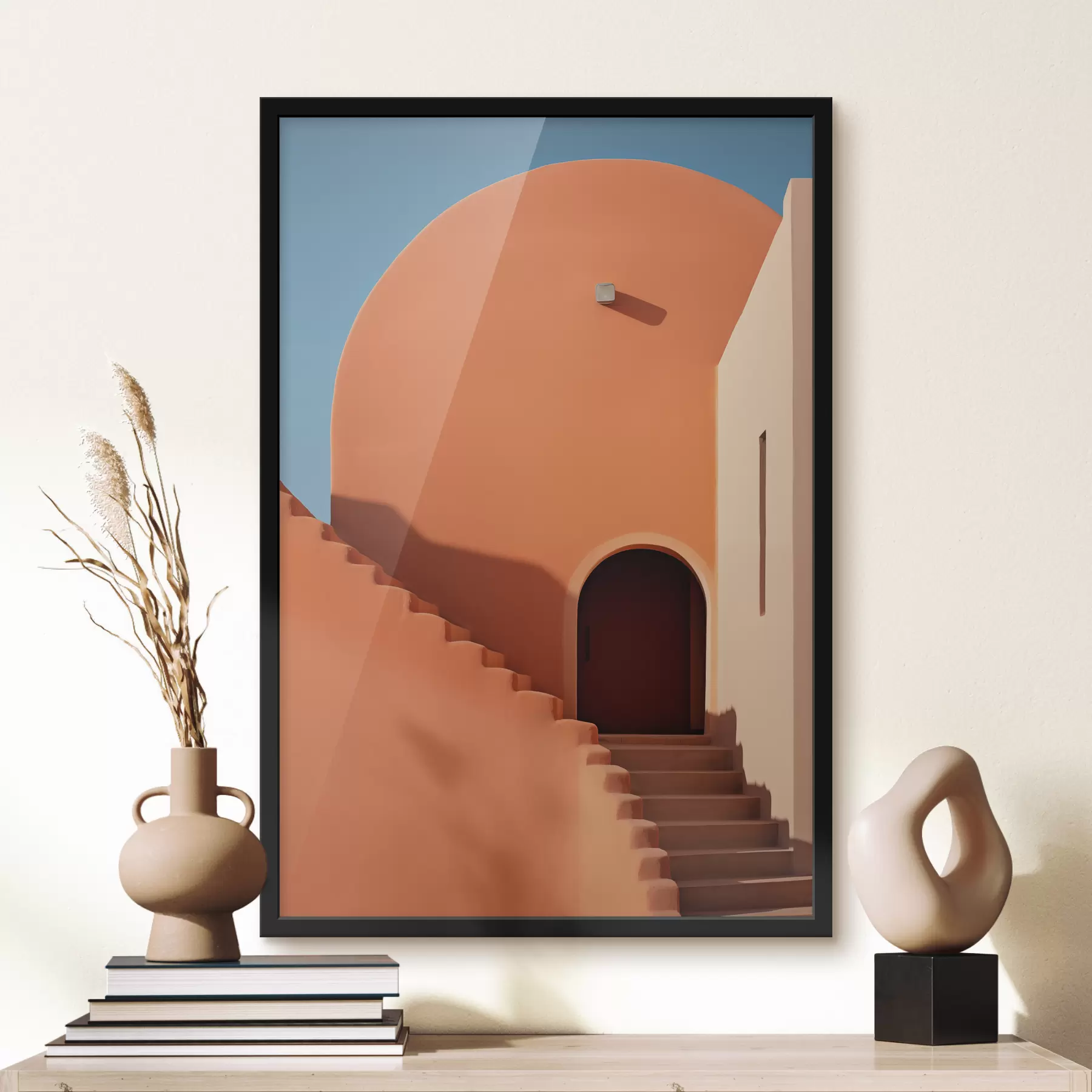Obraz Minimalistyczny budynek architektoniczny ze schodami, kolor niebieski, pomarańczowy f40724