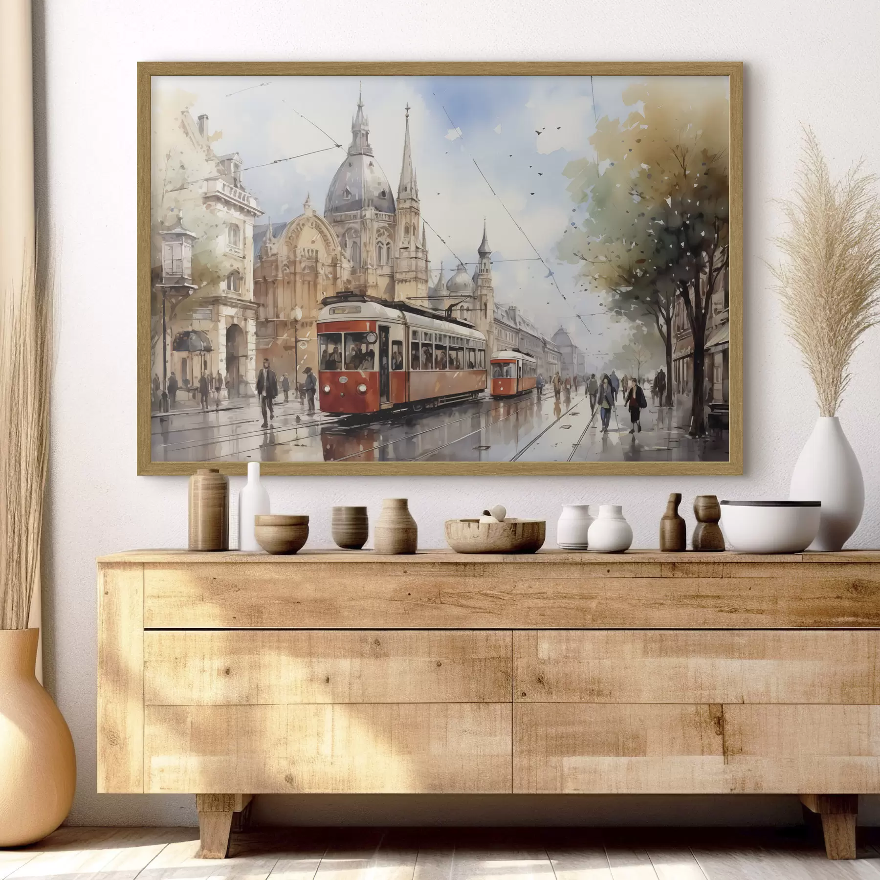 Fototapeta Czerwony tramwaj na wiedeńskiej ulicy akwarela f40732