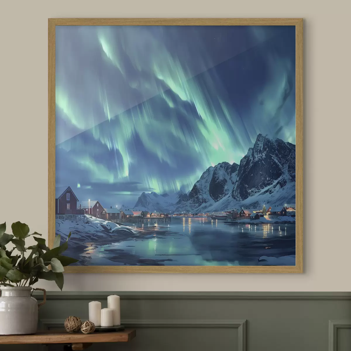 Plakat Norwegia zimowa wioska, północne światła, nocne niebo f40300