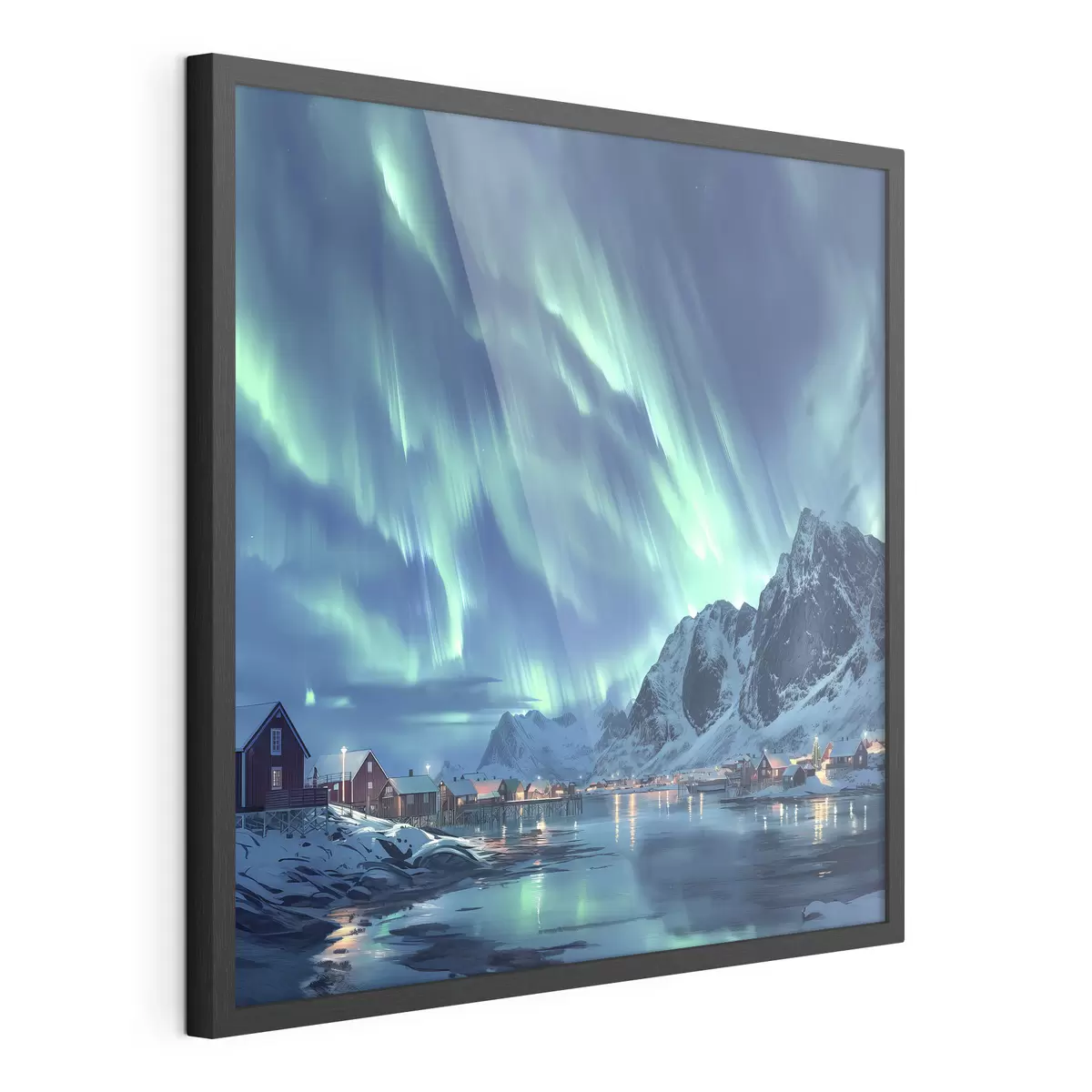 Plakat Norwegia zimowa wioska, północne światła, nocne niebo f40300