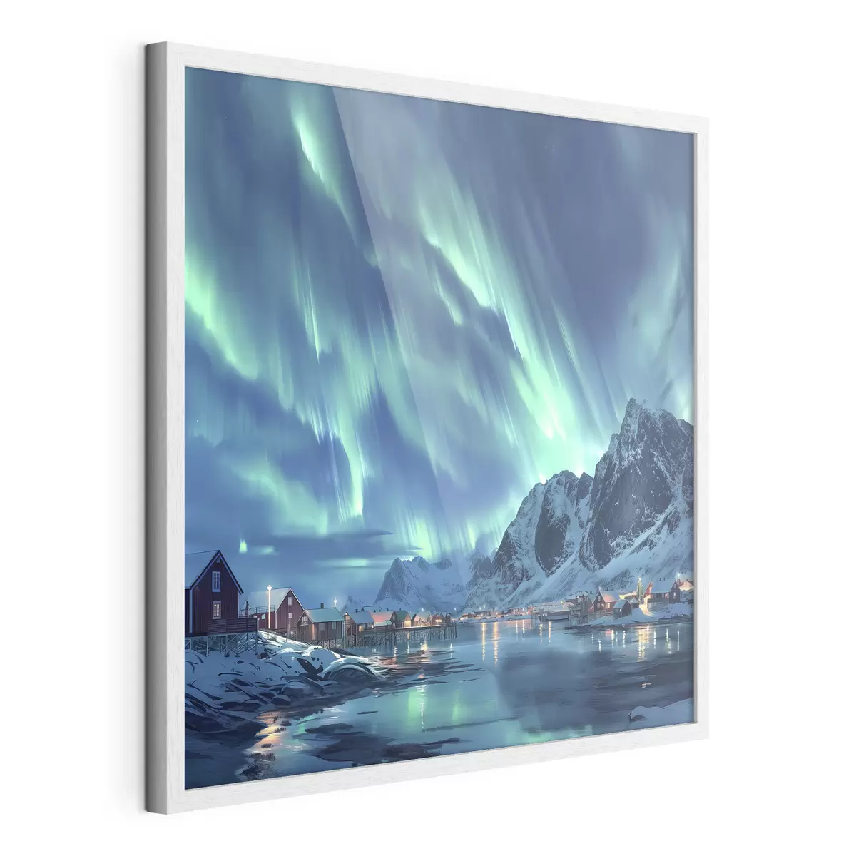 Plakat Norwegia zimowa wioska, północne światła, nocne niebo f40300