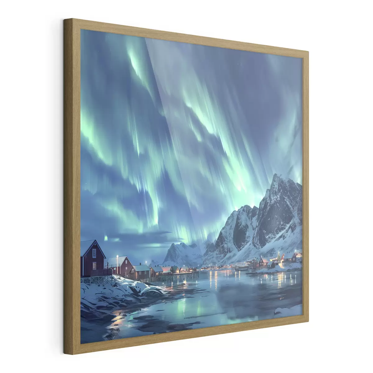 Plakat Norwegia zimowa wioska, północne światła, nocne niebo f40300