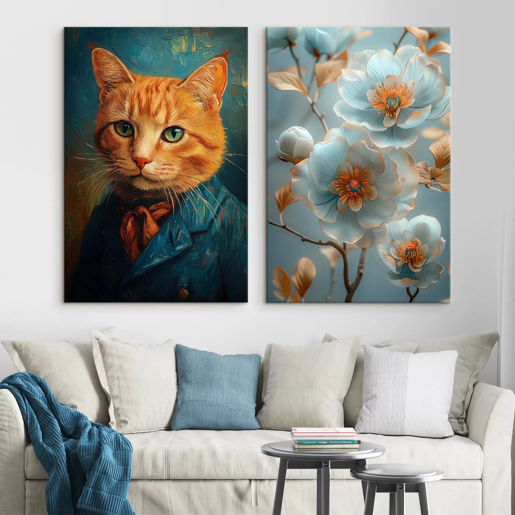 Obraz Czerwony kot w stylu portretu Van Gogha i niebieskie piwonie z pomarańczowymi akcentami m00356
