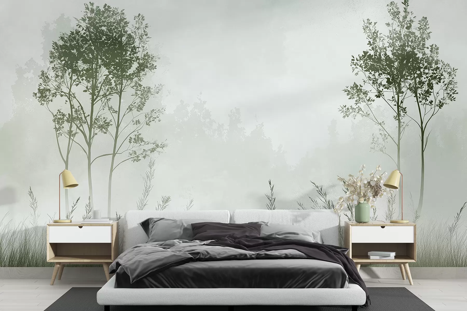 Fototapeta Mglisty las, naturalne krajobrazy, łąka, drzewa, zielony kolor w01547v2