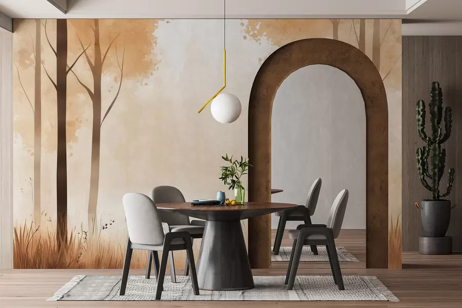 Fototapeta Akwarela las, mgła, drzewa, trawa, naturalny krajobraz, kolor beżowy w01563