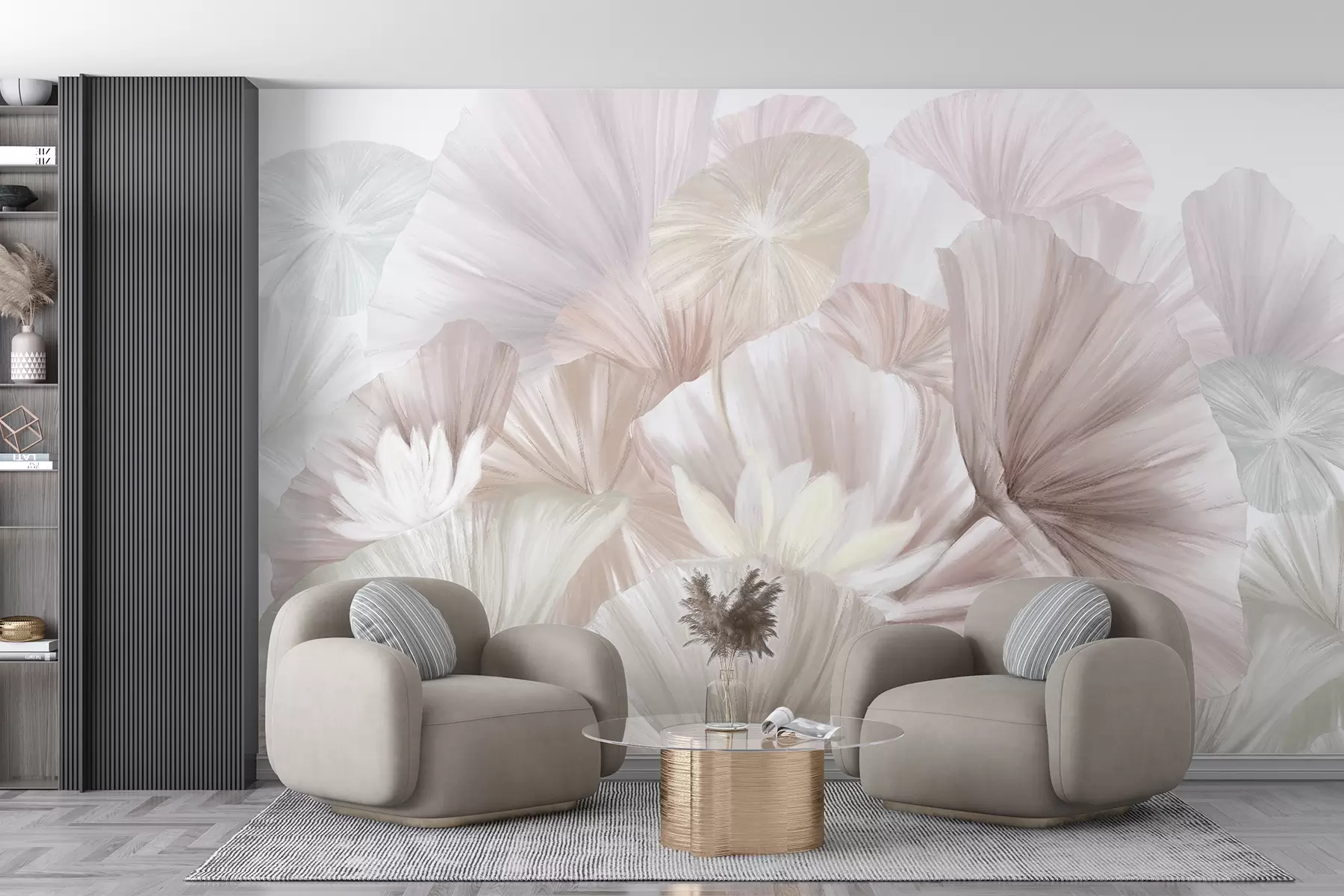 Fototapeta Delikatne różowe liście lotosu z białymi kwiatami o miękkich, pierzastych płatkach ułożone w naturalną kompozycję artystyczną w08265v1