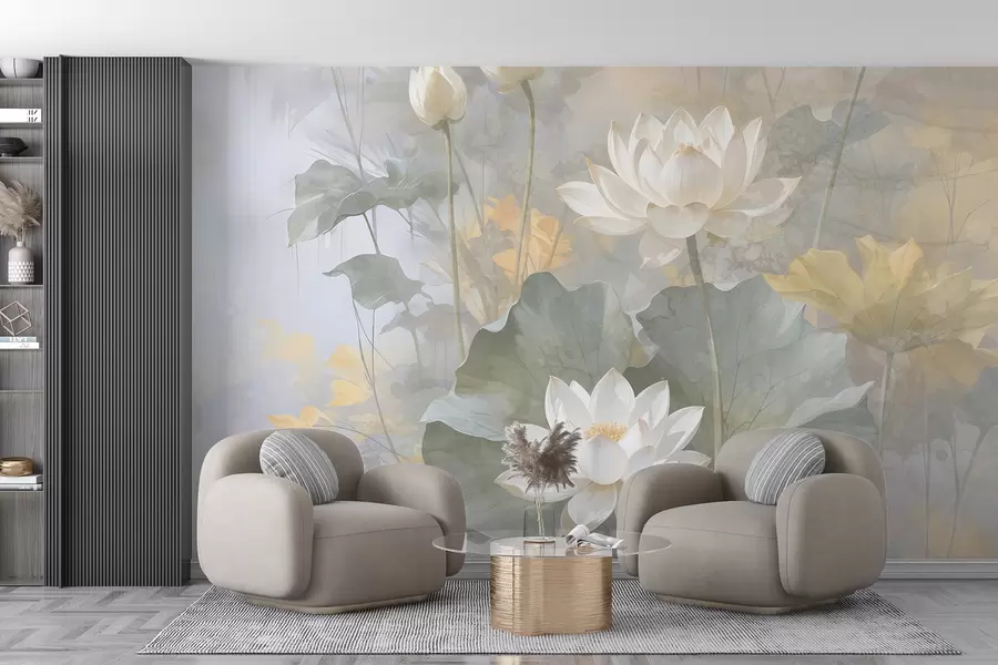Fototapeta Białe kwiaty lotosu z liśćmi w stawie z miękkim, rozmytym żółtym i zielonym tłem w08275