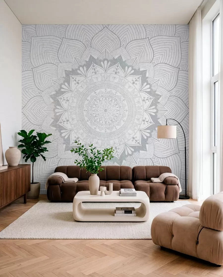 Fototapeta Okrągła mandala, tapeta do jogi lub do harmonizacji przestrzeni osobistej. Mandala ścienna w odcieniach szarości na teksturowanym niejednorodnym tle w01088v2
