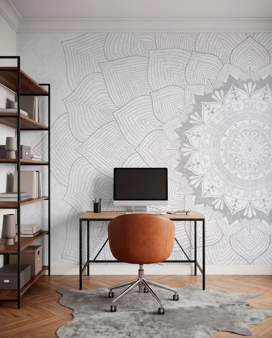 Fototapeta Okrągła mandala, tapeta do jogi lub do harmonizacji przestrzeni osobistej. Mandala ścienna w odcieniach szarości na teksturowanym niejednorodnym tle w01088v2