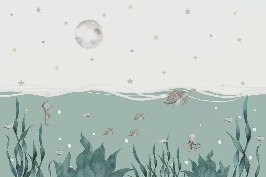 Fototapeta Motyw morski z żółwiami, konikiem morskim, rybami i księżycem w pełni w01521