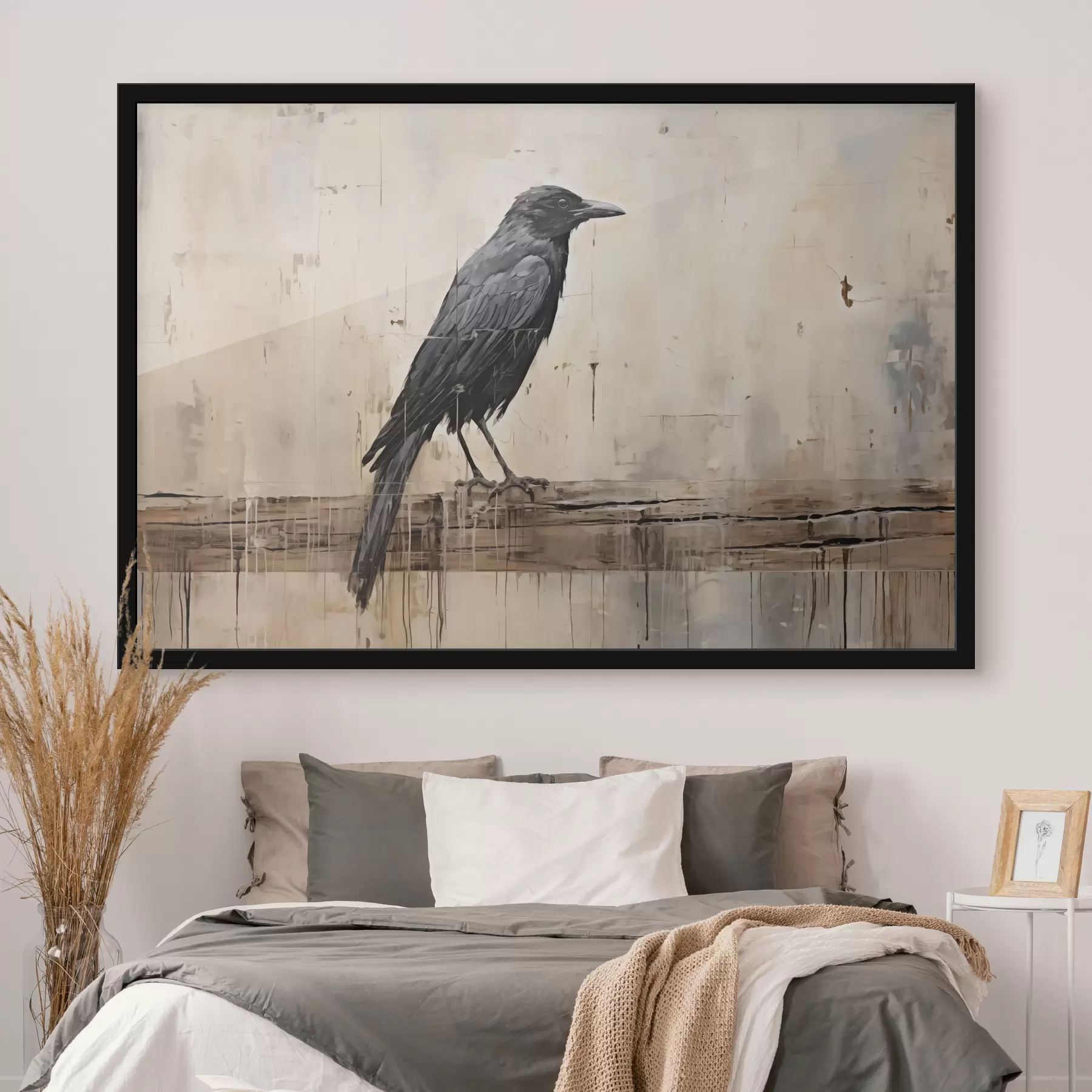 Fototapeta Czarny kruk siedzący na kłodzie na abstrakcyjnym tle f40808