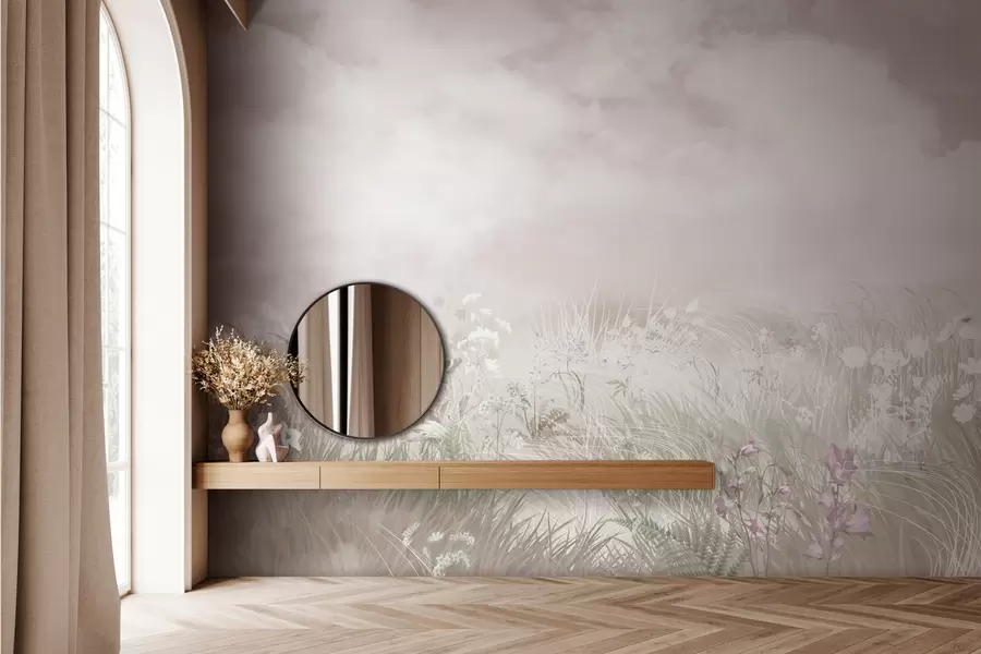 Fototapeta Dzikie kwiaty i trawy z bladoróżowym niebem i chmurami w01624v4