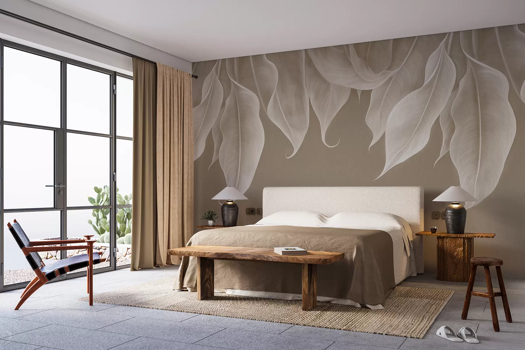 Fototapeta zwisające duże liście w kolorze beżowym w01680