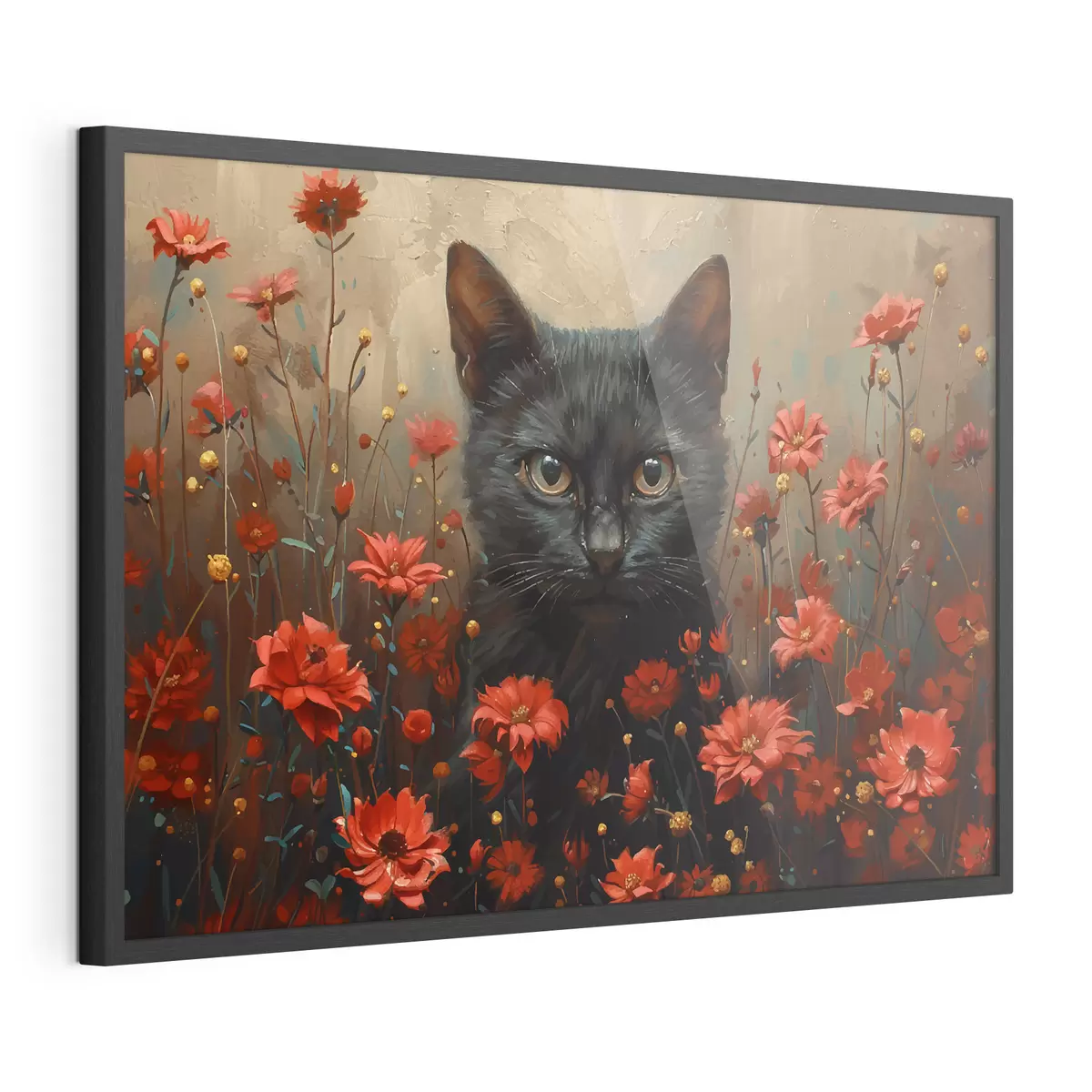 Plakat Kot, kwiaty, czarny kot f40839