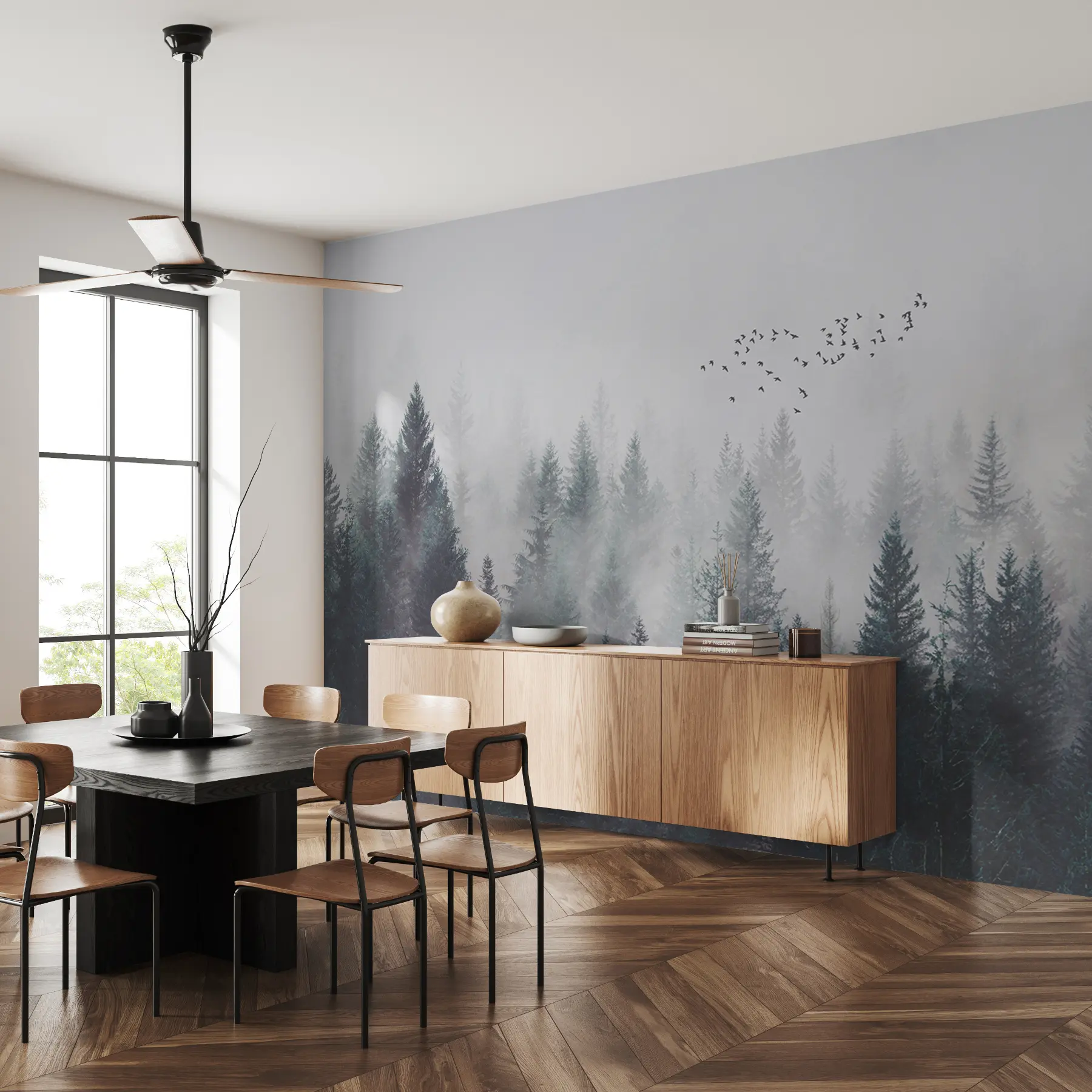 Fototapeta Latające ptaki nad mglistym lasem u28636