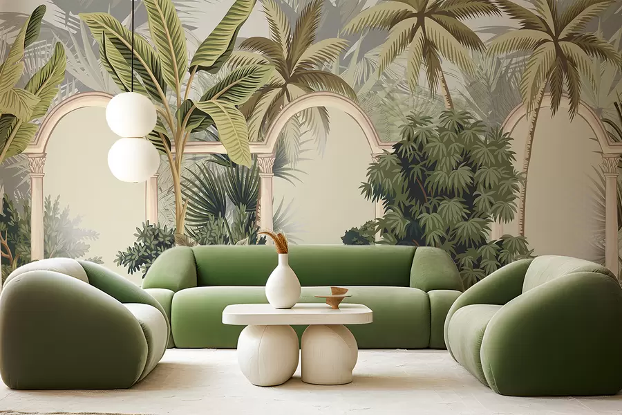 Fototapeta Łuki z tropikalnym krajobrazem, bujnymi palmami i innymi liśćmi na jasnym tle w08306