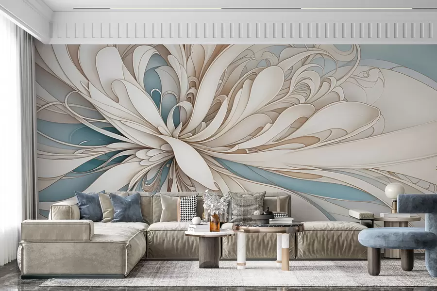 Fototapeta Abstrakcyjny kwiatowy wzór z wirującymi, organicznymi kształtami w odcieniach beżu, opalenizny i niebieskiego z jasnym tłem w08311