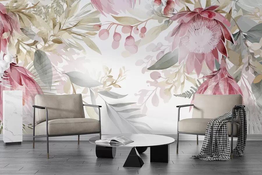 Fototapeta Duża różowo-biała przezroczysta protea z bujnymi zielonymi liśćmi na jasnym tle w08315