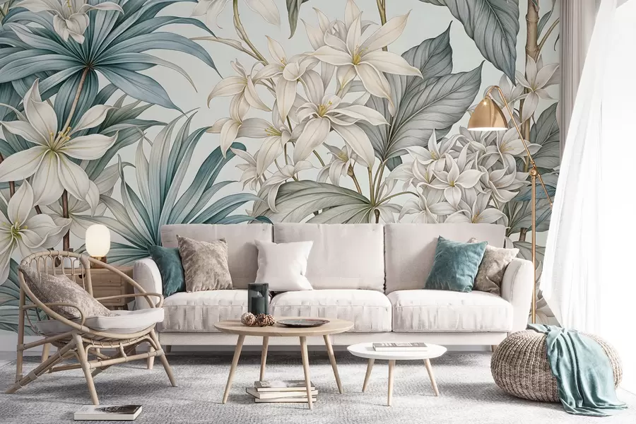 Fototapeta Tropikalny kwiatowy nadruk z dużymi białymi i jasnoniebieskimi kwiatami, zielonymi liśćmi i neutralnym tłem w08318