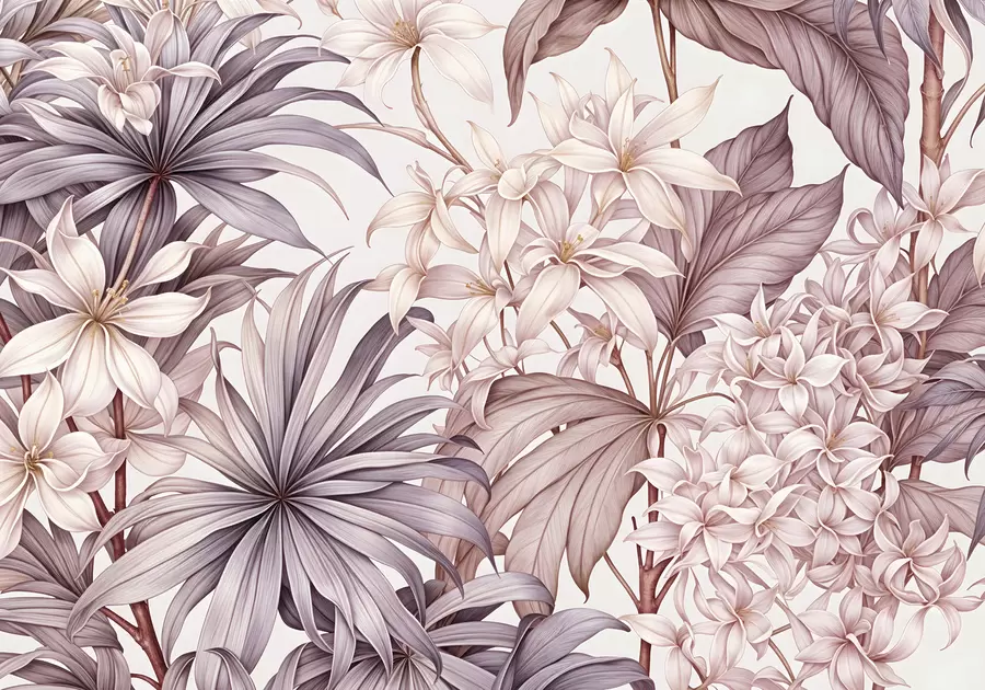 Fototapeta Tropikalny kwiatowy nadruk z dużymi białymi i jasnoróżowymi kwiatami, liśćmi bordo i neutralnym tłem w08318v1