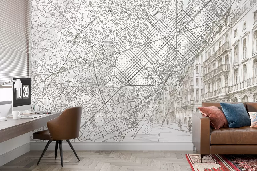Fototapeta Mapa miasta Barcelona, rysunek liniowy, architektura, Hiszpania, beżowe kolory w01695
