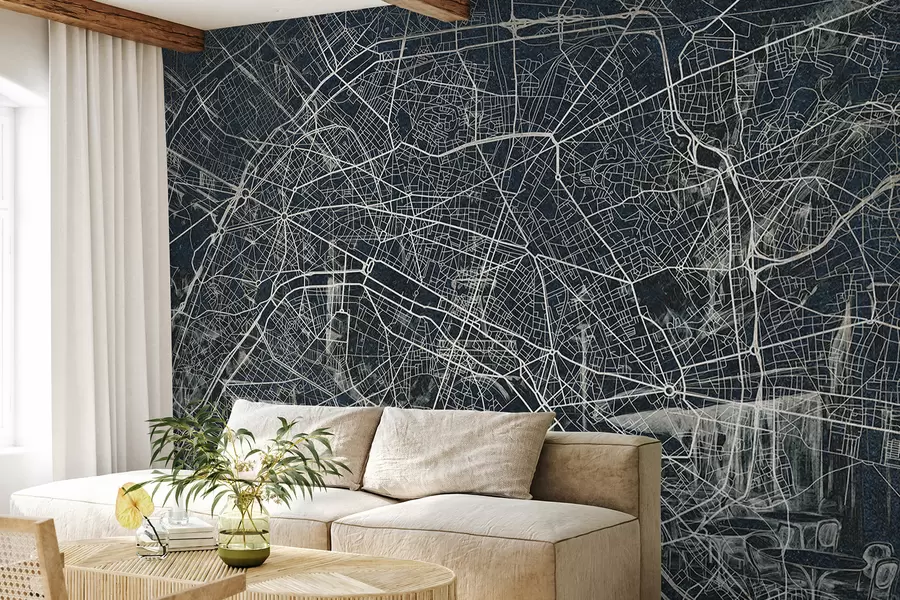 Fototapeta Mapa Paryża, rysunek liniowy, architektura, Francja, ciemne kolory w01697v1