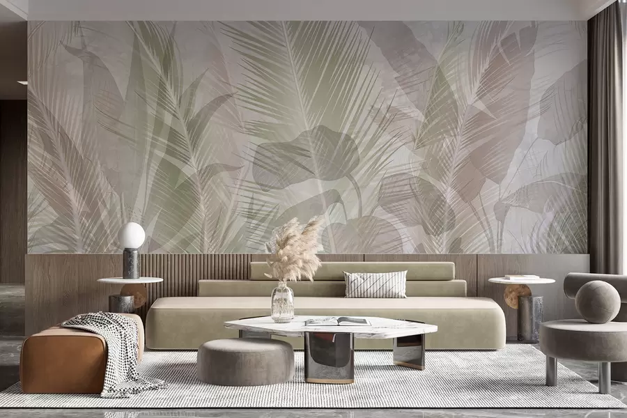 Fototapeta Tropikalne liście palmowe w delikatnych pastelowych kolorach, z rozmytym i zamglonym teksturowanym tłem w08326