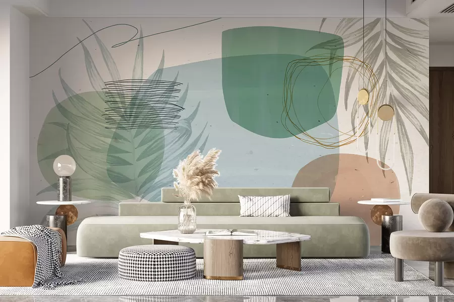 Fototapeta Abstrakcyjna teksturowana kompozycja z organicznymi kształtami i tropikalnymi liśćmi, w stonowanych pastelowych kolorach w08335