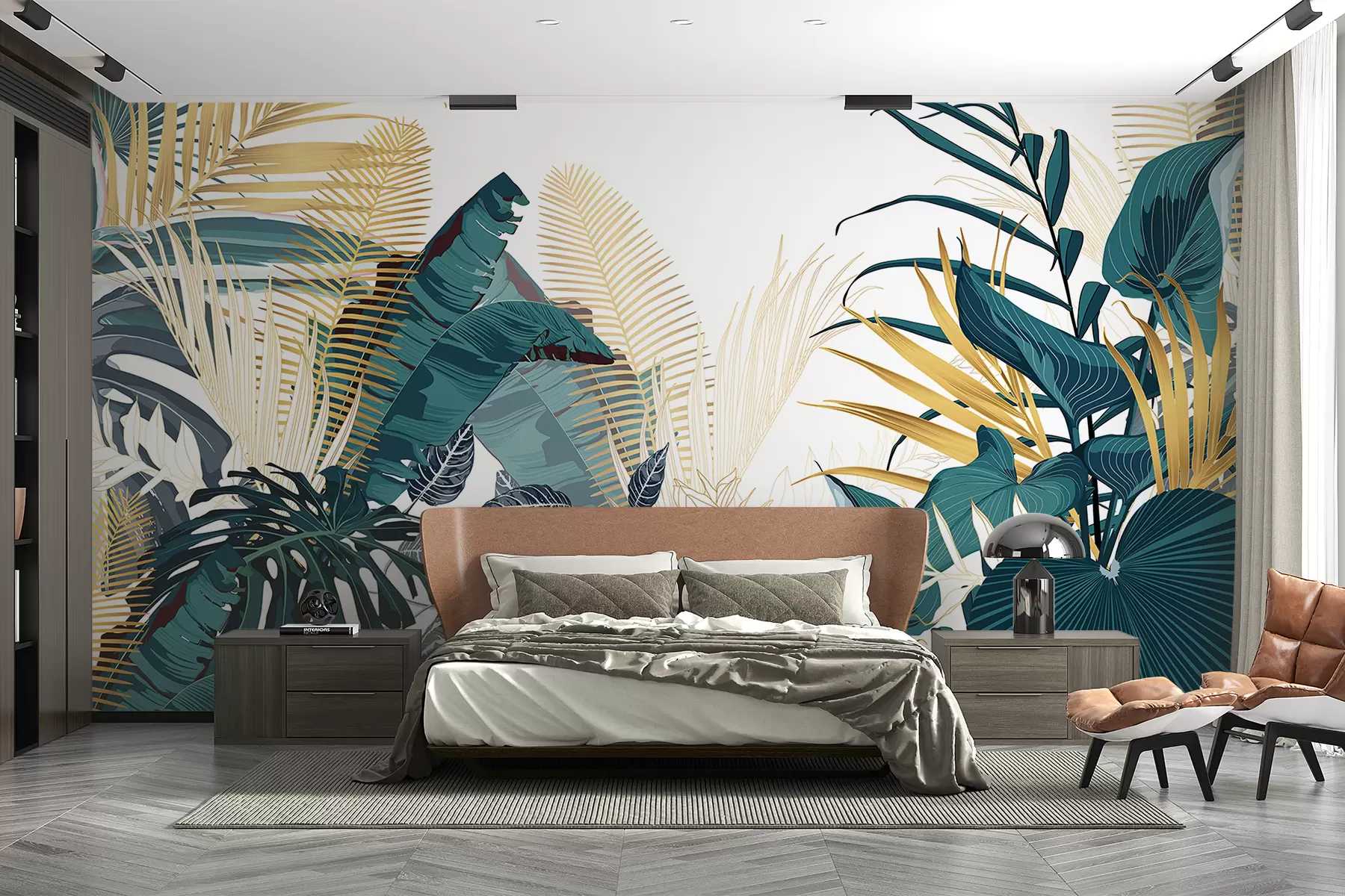 Fototapeta Tropikalne, bujne zielone liście, w tym liście palmowe, paprocie i inne egzotyczne rośliny w ciemnozielonych i pomarańczowych kolorach w08338