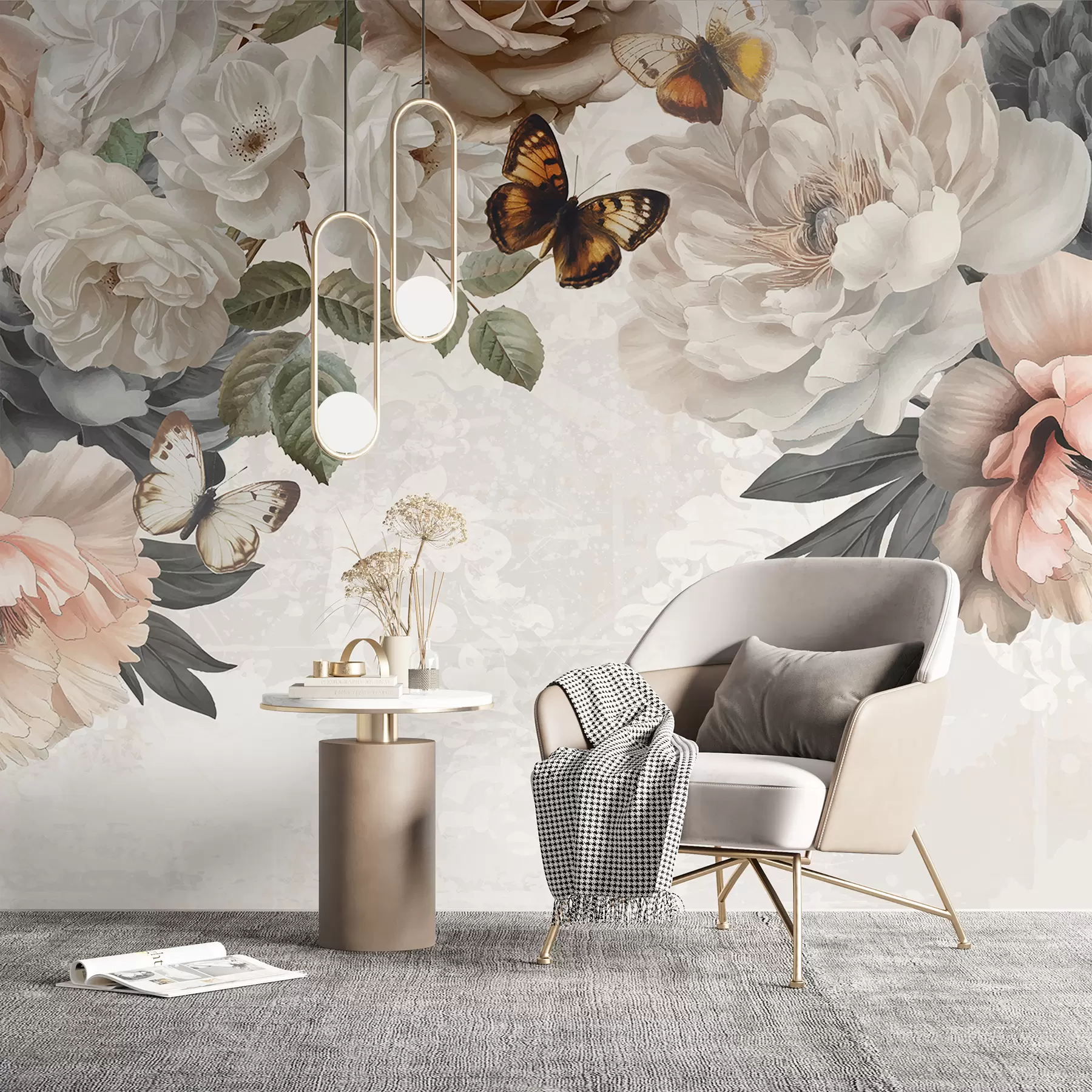 Fototapeta Duże białe i różowe kwiaty piwonii z motylem siedzącym na jednym z kwiatów na miękkim, rozmytym tle w08340