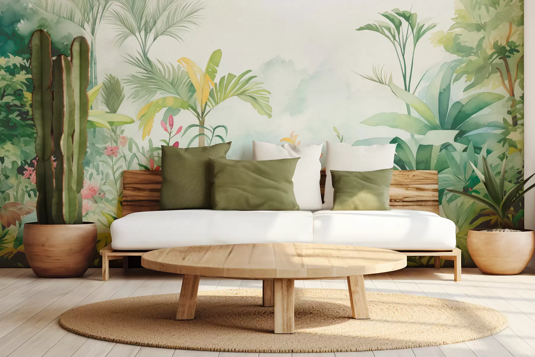 Fototapeta Las dżungli, akwarela, palmy, kwiaty, delikatne kolory w01785