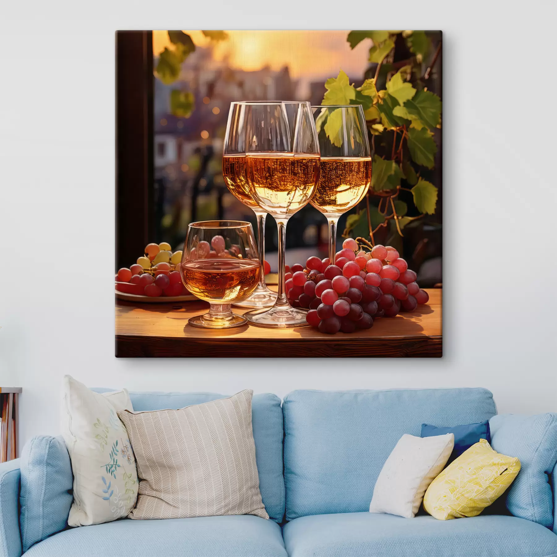 Obraz kieliszki z winem, winogrona na stole, martwa natura s41104