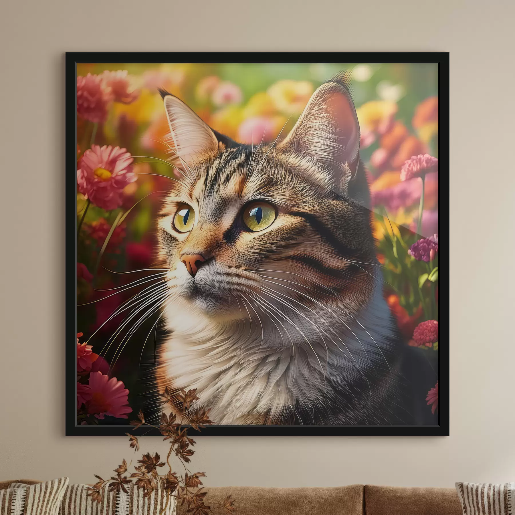 Obraz duży kot, portret kota, kot i kwiaty f41106