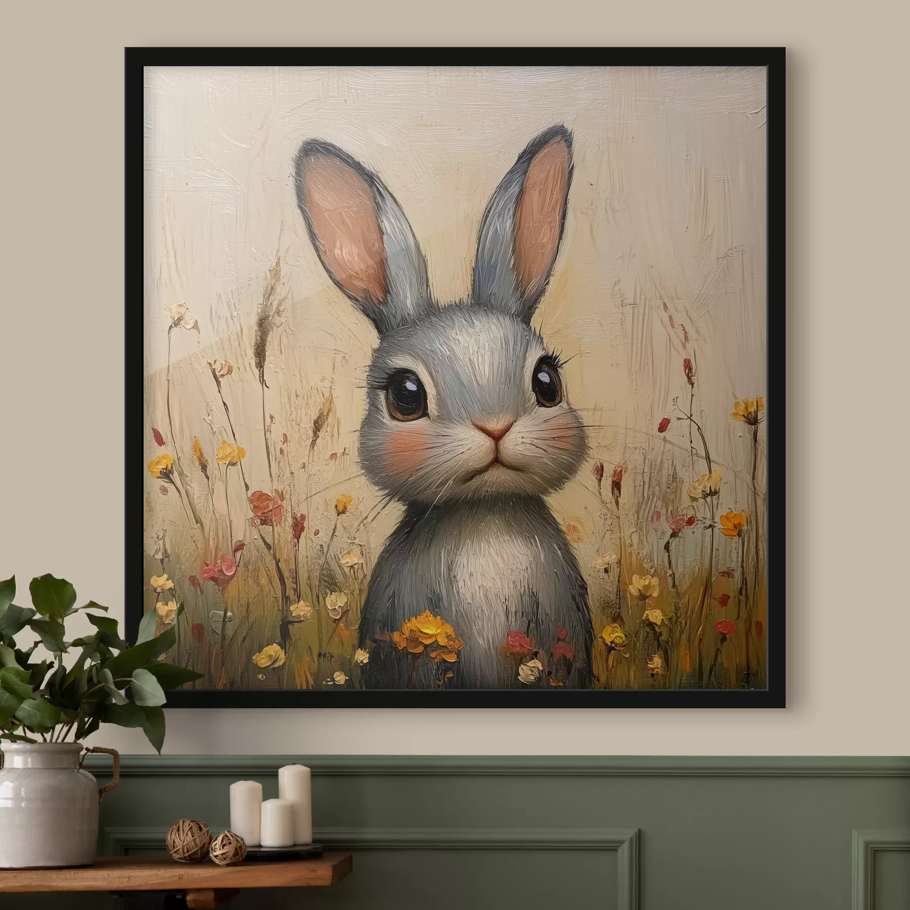 Fototapeta Królik na polu wśród kwiatów z pociągnięciami pędzla f40999