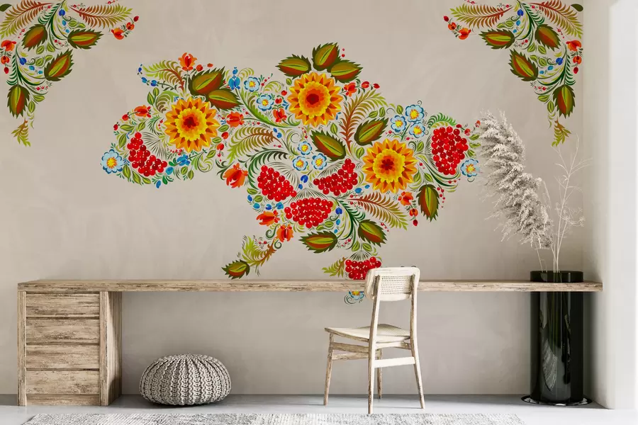 Fototapeta Mapa Ukrainy w stylu malarstwa Petrikowa na jasnobeżowym tle w01149