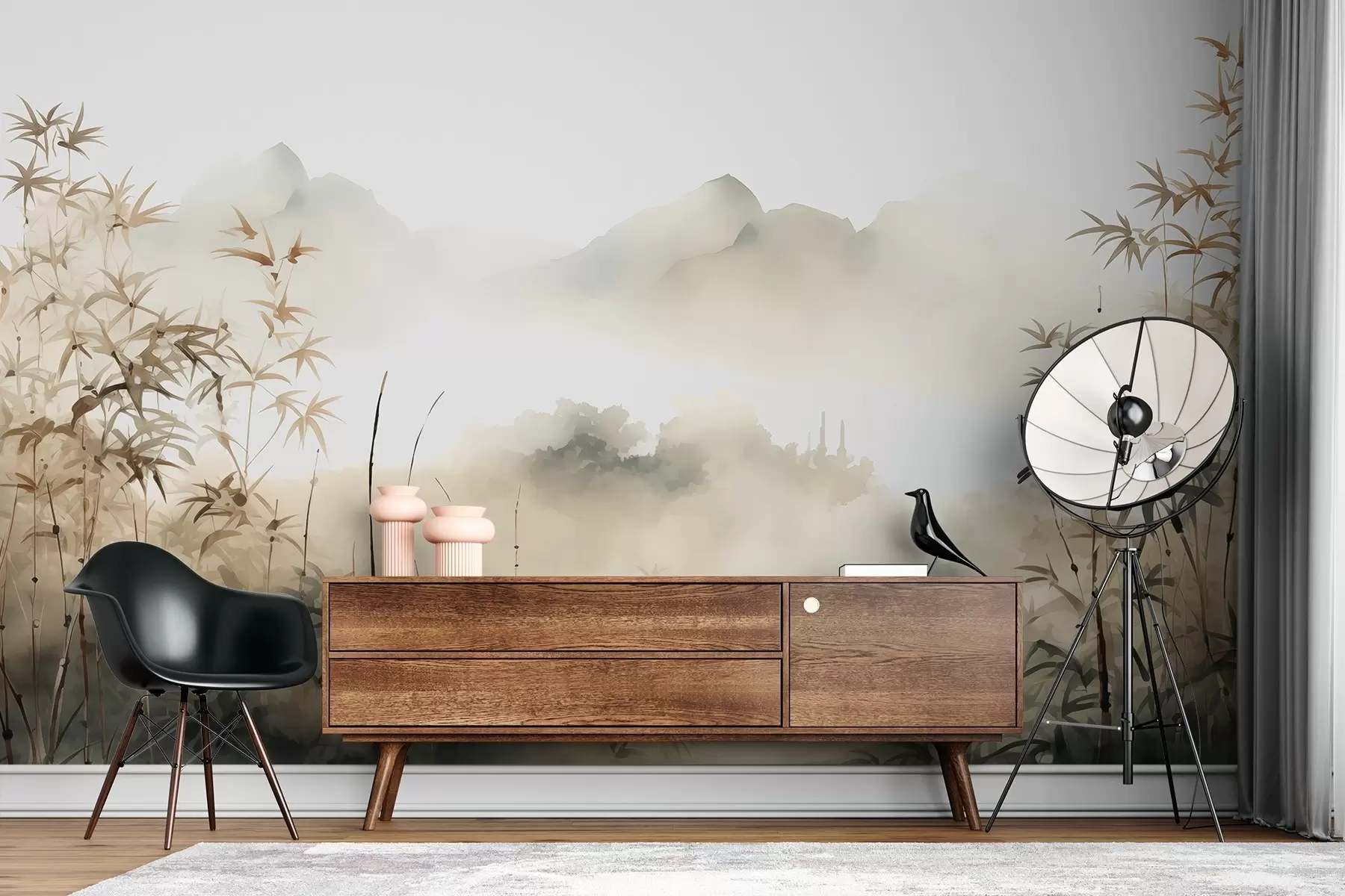 Fototapeta Bambus nad stawem z górami we mgle w tle mokra akwarela w01862