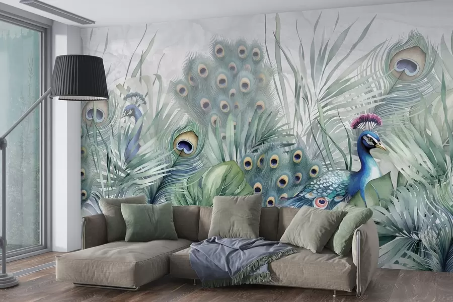 Fototapeta Para kolorowych pawi otoczonych bujnymi akwarelowymi zielonymi liśćmi i żywymi kwiatami na szarym tle w08345