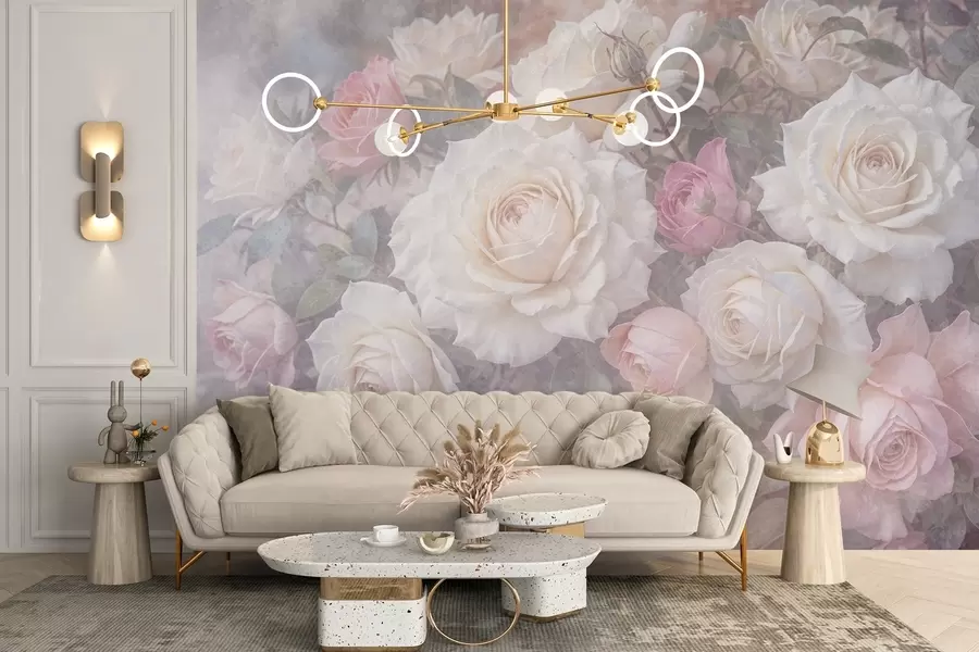 Fototapeta Delikatne, pastelowe róże i piwonie na rozmytym, mglisto-szarym, teksturowanym tle w08352