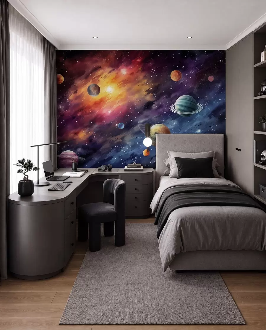 Fototapeta Kosmos z planetami i gwiazdami, akwarela, kosmos w01798