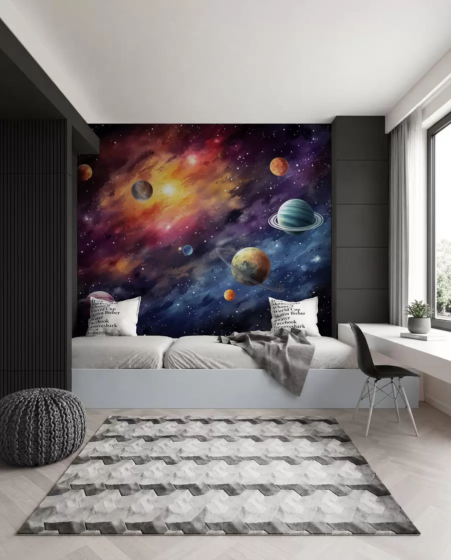 Fototapeta Kosmos z planetami i gwiazdami, akwarela, kosmos w01798
