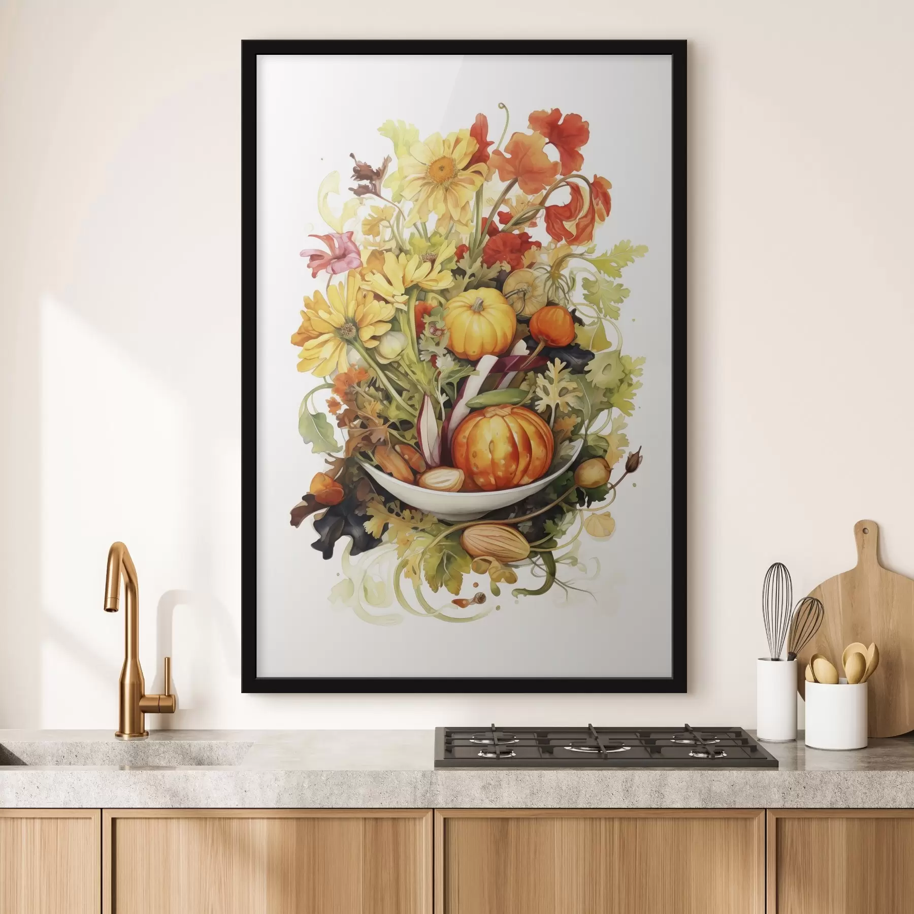 Fototapeta Jesienne zbiory, akwarelowe warzywa, dynie, kwiaty f41172