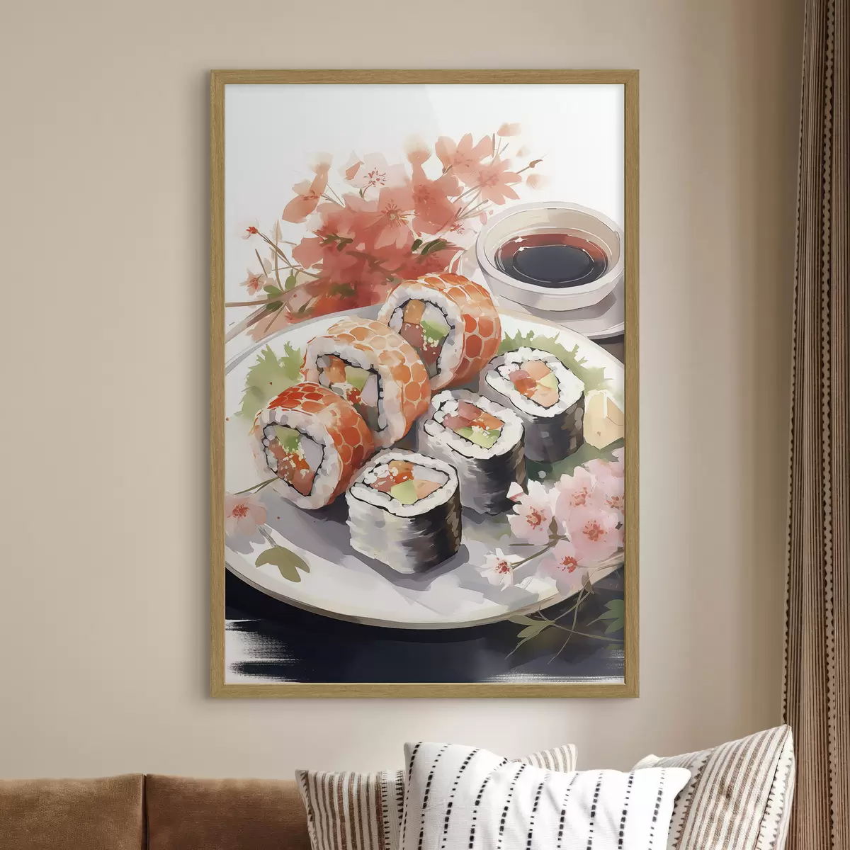 Plakat Sushi na talerzu, akwarela, kwiatowy, japoński f41179